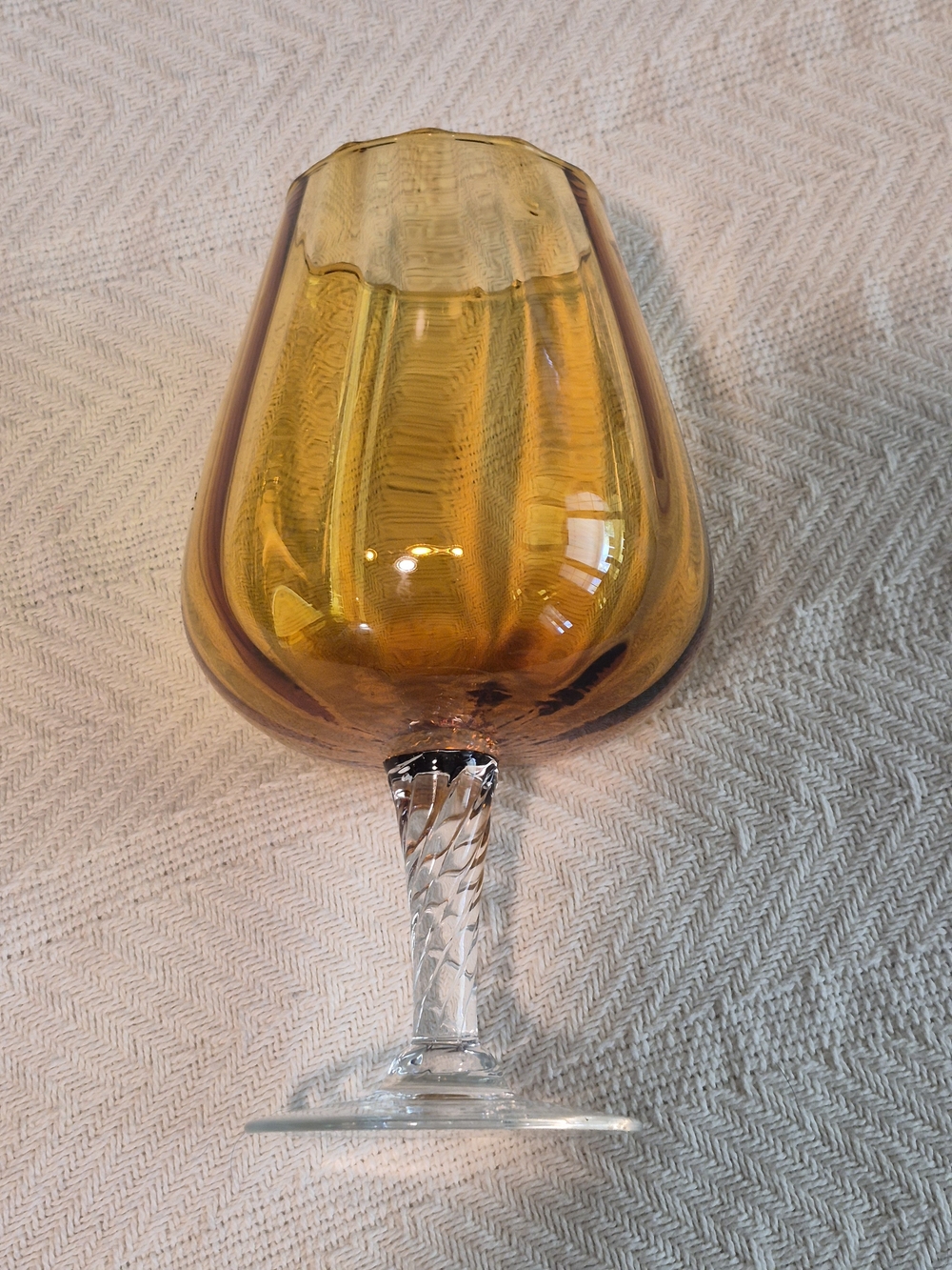 Vintage Empoli Style Amber Optical Rib Hand Blown Glass Brandy Snifter Goblet